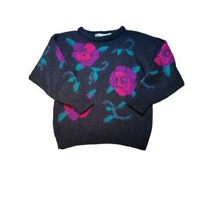 Vintage Cambridge Spirit Floral Rose‎ Wool Blend Knit Sweater Black Pink Medium